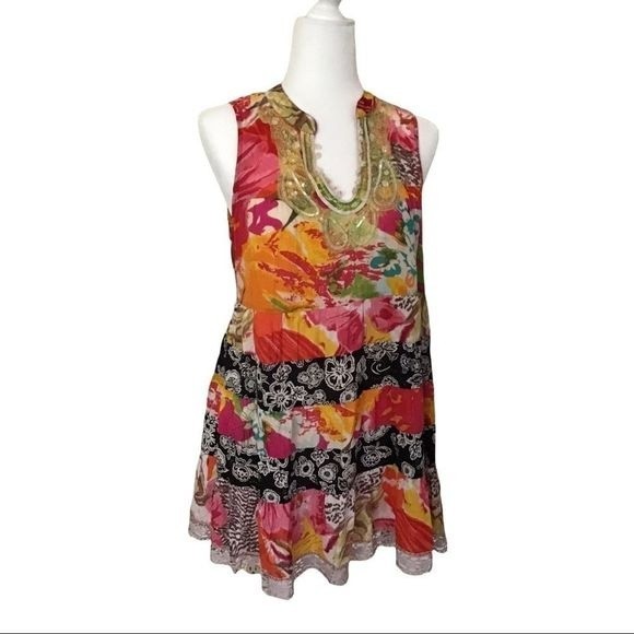 FREE PEOPLE Mini-Dress Multicolored Layered Sequins Neckline Boho Size XS - Picture 2 of 7